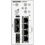 Vorderseite der Illustration des Merlin-4407-T4-S2-LV-PFN kompakten 450 MHz Industrie Router von Westermo